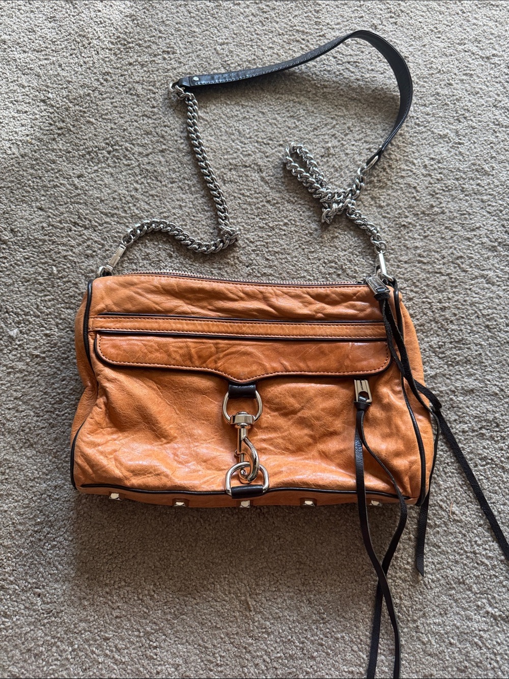Rebecca Minkoff Cognac Leather Shoulder Bag with Silver Chain
